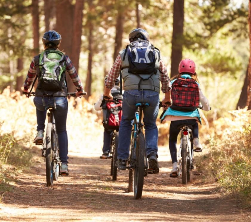 Famiglia in bicicletta su un sentiero nel bosco durante una giornata di sole.